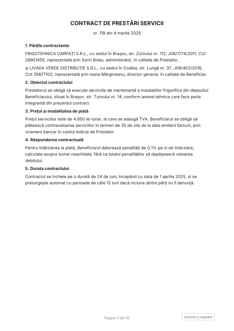 Prima pagină a unui contract din bundle, cu ștampila „Conform cu originalul” și „Pagina 3 din 10” în subsol